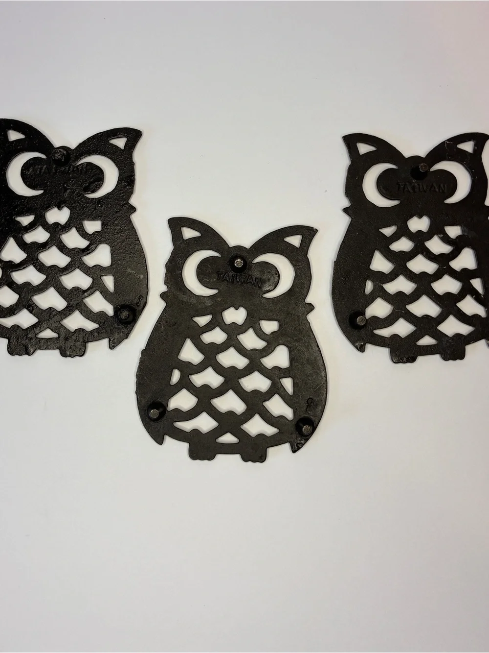 Set of 3 Vintage Cast Iron Owl Trivets
